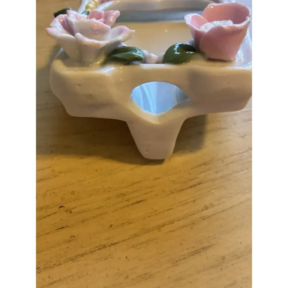 VTG 80s 3D Photo Frame Pink Roses Heart Victorian Porcelain Standing Cottage